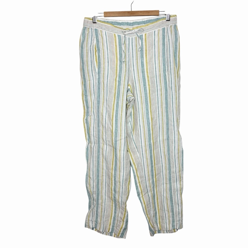 Coldwater Creek Striped Linen Pants Womens Size 14 Drawstring Coastal Beachy